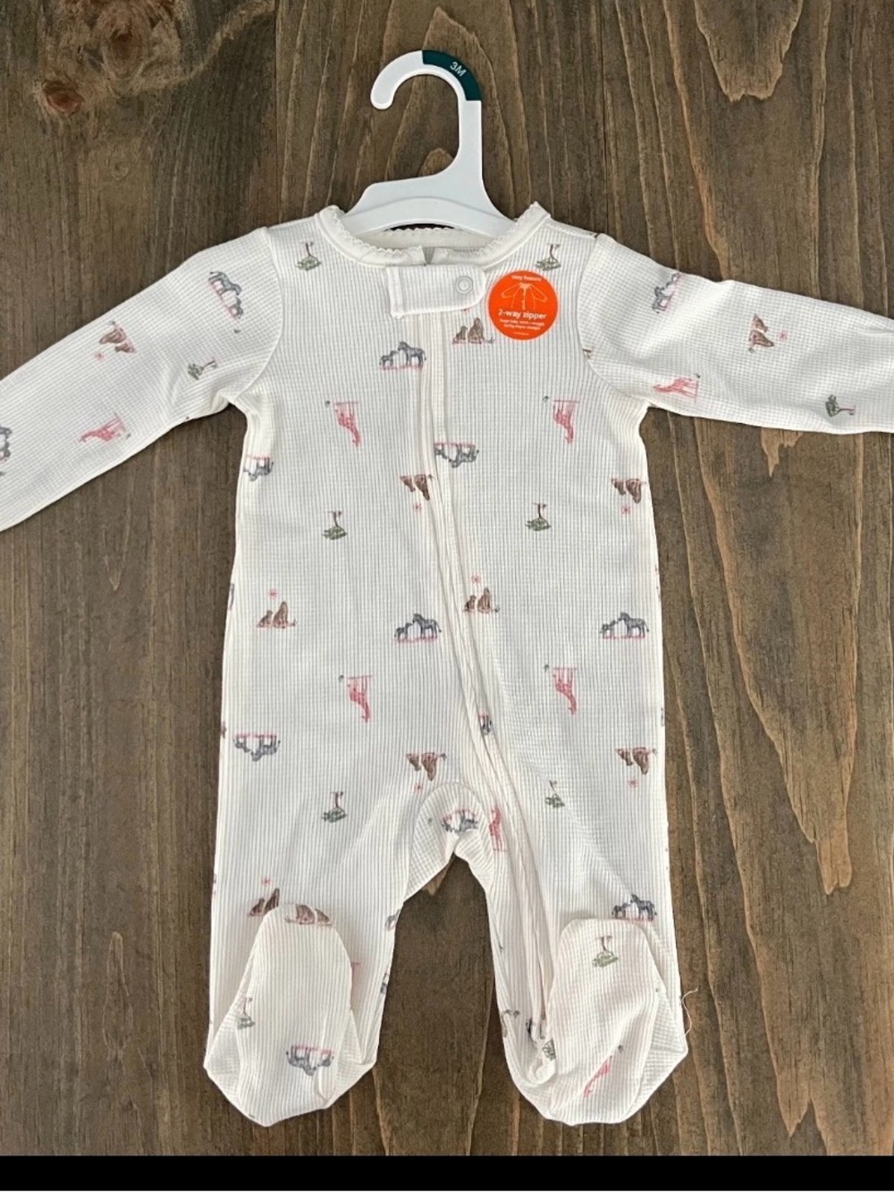 Carter's Girls 3 months One Piece With Feet Safari Animals 2 Way Zipper mittens